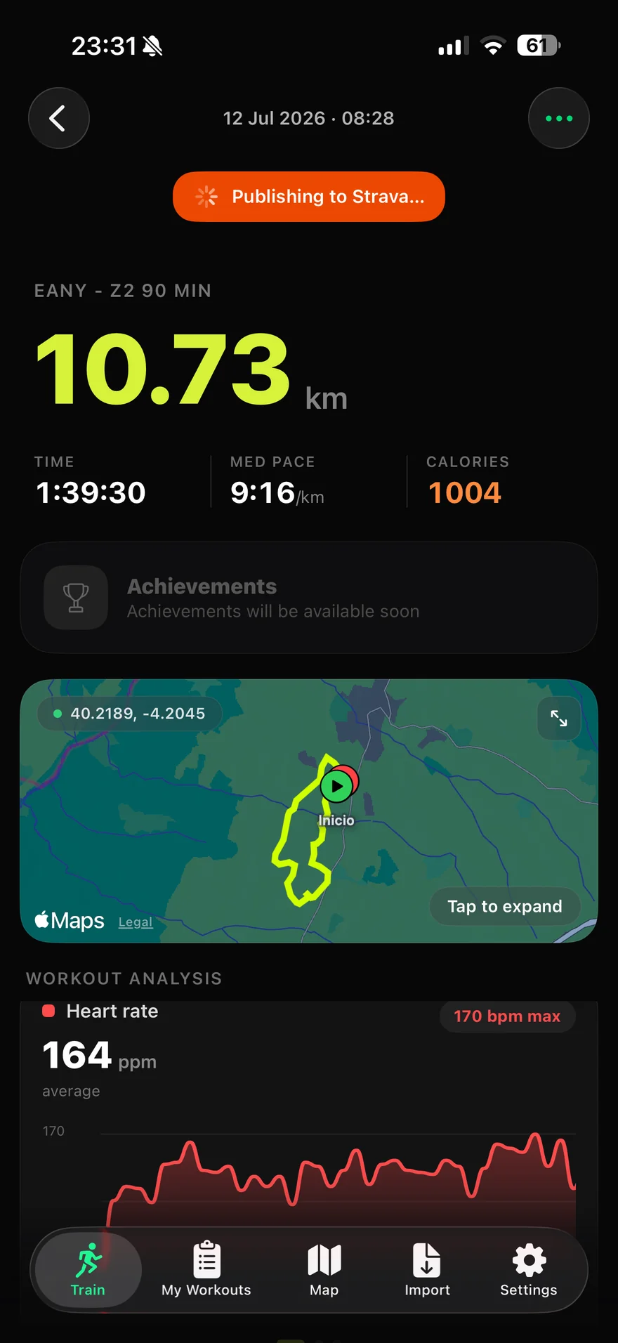 Detalle del entreno: ruta, frecuencia cardiaca y ritmo